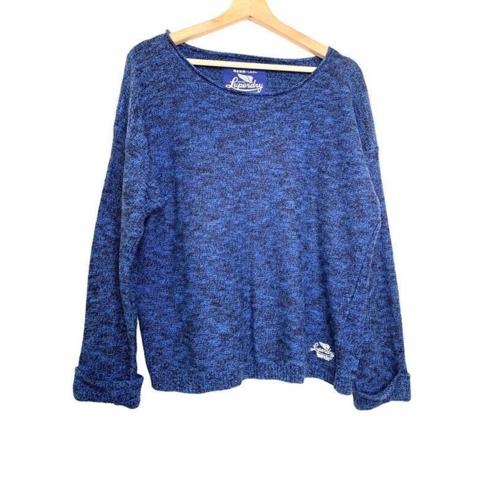 Superdry Womens Pullover Sweater Blue Black Melange Long Sleeve Boat Neck Slit L
